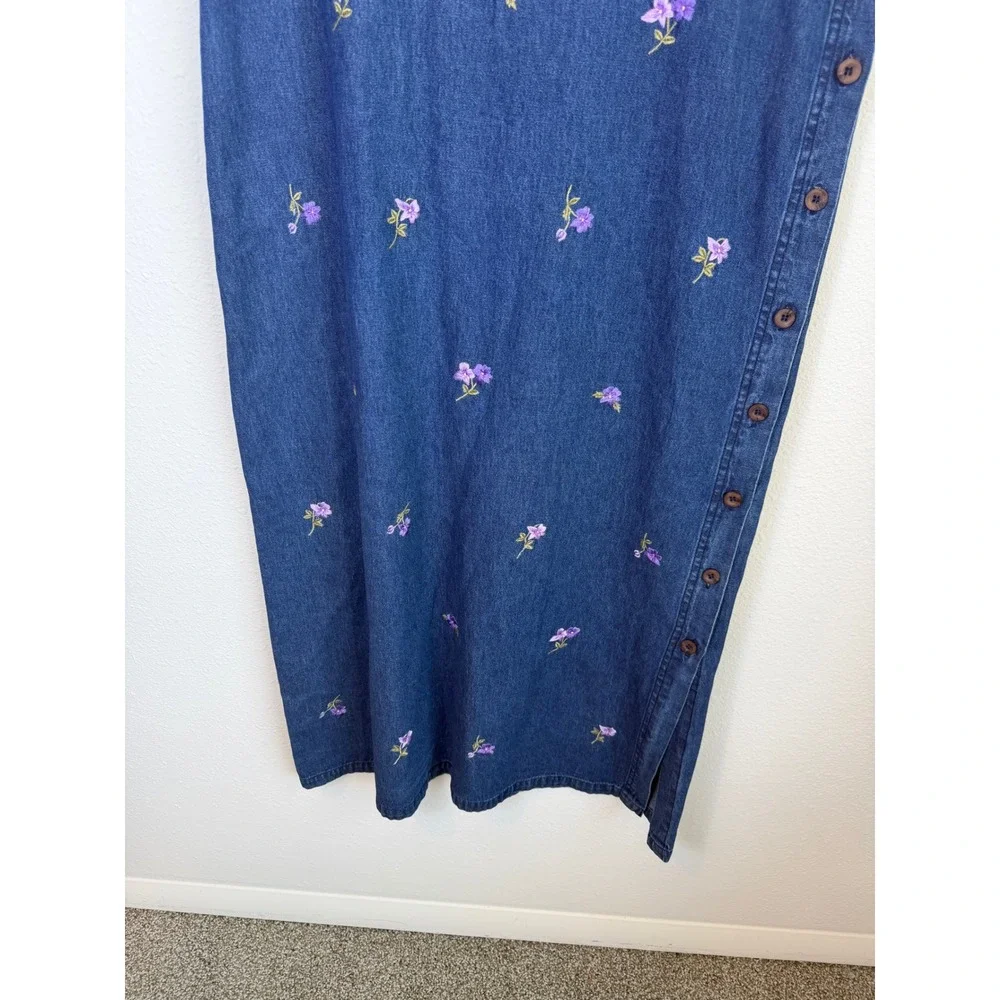Vtg Denim Floral Embroidered Midi Dress Womens Petite Large Granny Cottagecore - Picture 4 of 6